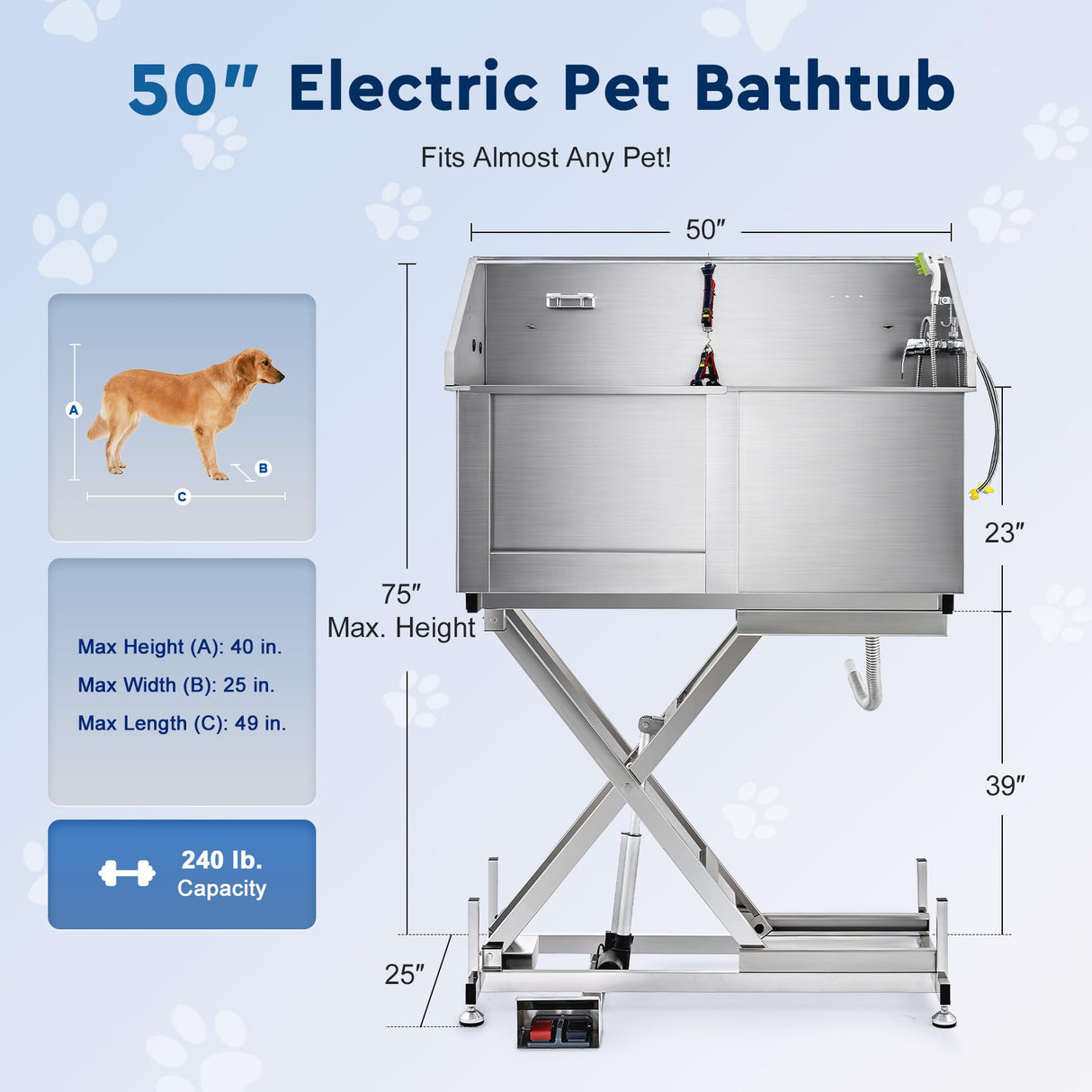 CO-Z 50" Electric Dog Bathing Station Height Adjjustable, Professional Stainless Steel Dog Grooming Bathtub for Medium Small Dogs,Dog Washing Station for Home with Faucet and Accessories CO-Z
