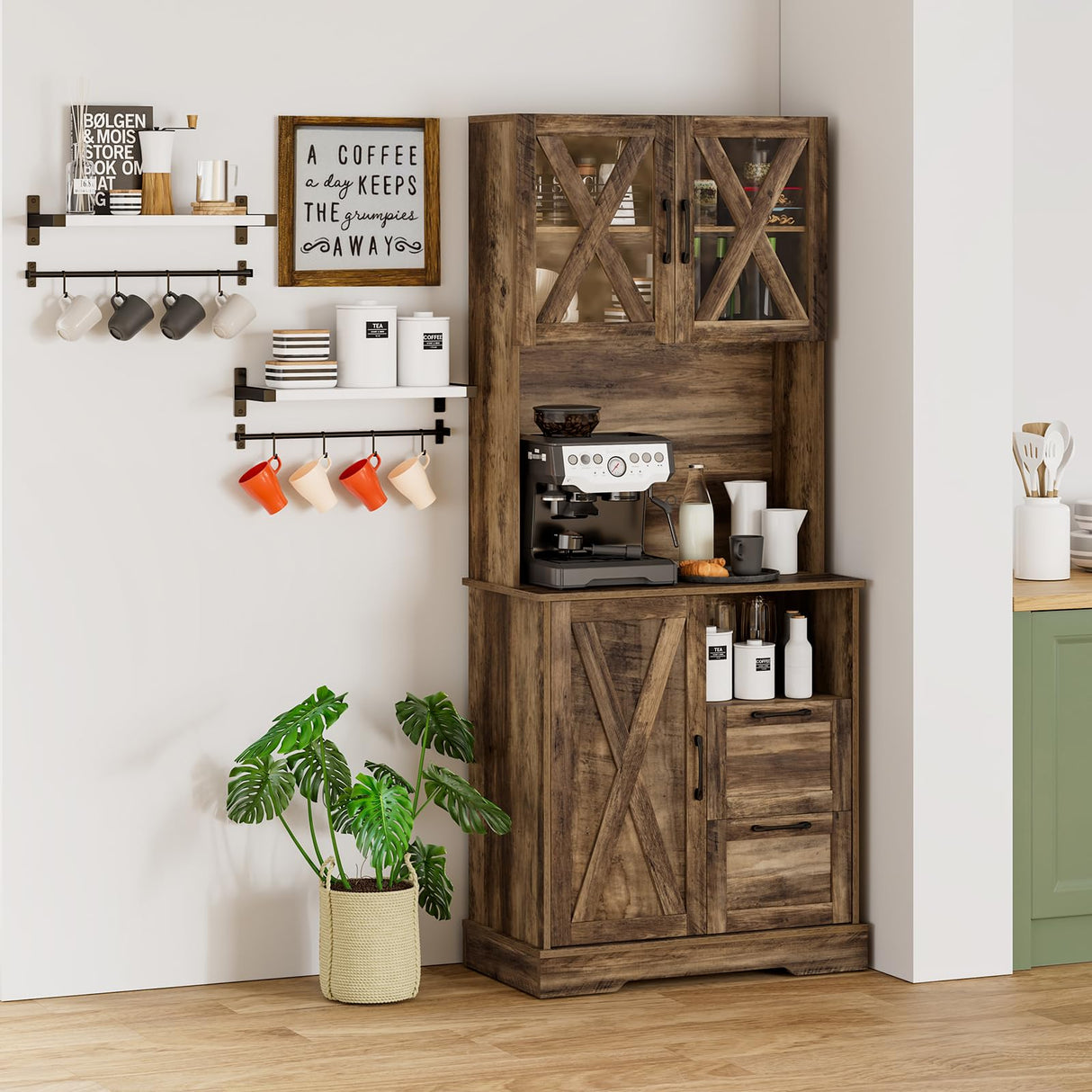Lomojo Kitchen Storage Cabinet,71" Pantry Cabinet,Coffee Hunth Freestanding Cabinet,Farmhouse Tall Kitchen Cabinet Organizers and Storage with Doors & Adjustable Shelves Rustic Brown Lomojo