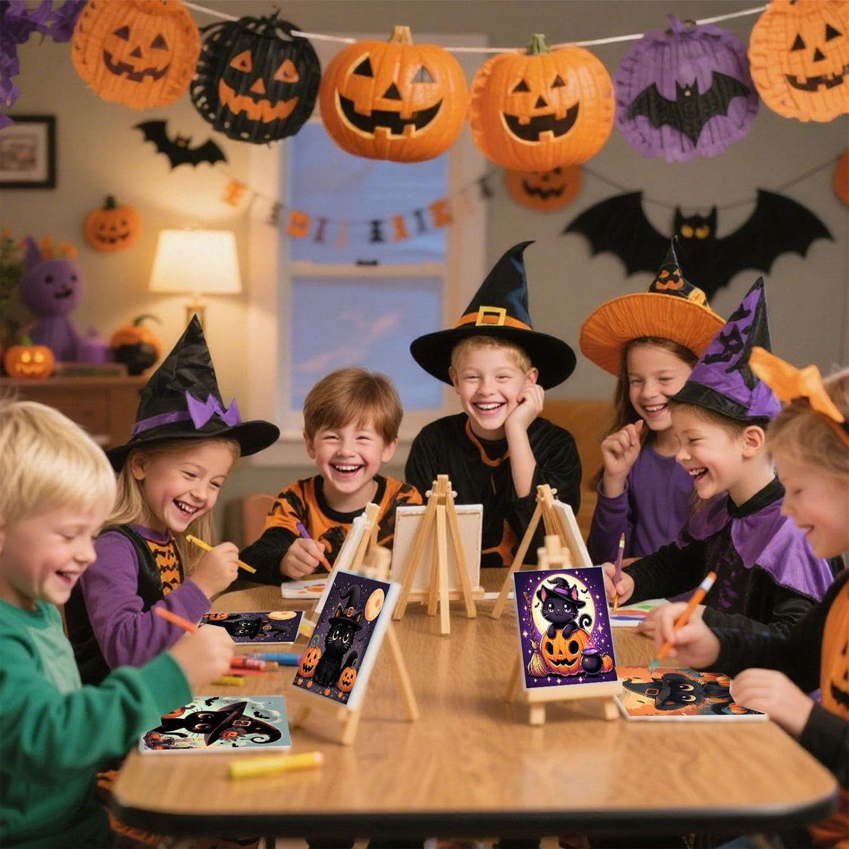 cviokrdu 4 Pack Paint by Numbers Kit for Kids with Frame-Wooden Easel, Halloween Paint by Numbers for Kids Ages 4 8 12, Easy Black Cat Acrylic Oil Painting Kits for Home Wall Decoration 8x8 inch cviokrdu