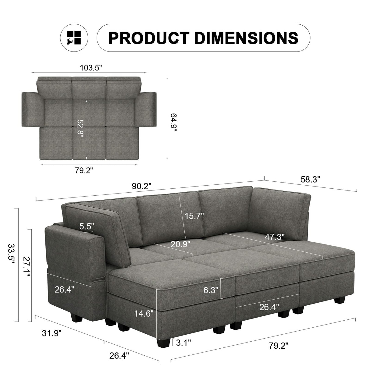 Belffin Modular Sectional Sofa Sleeper Modular Sectional Couch Sofa Convertible Sectional Couch Reversible Sofa Bed Grey Belffin