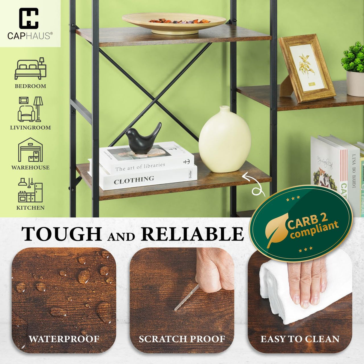 CAPHAUS Triple Column 4 Tier Bookshelf, Industrial Triple Bookcase with 11 Open Display Shelves, Adjustable Wide Shelf for Living Room, Bedroom, Home and Office, White CAPHAUS