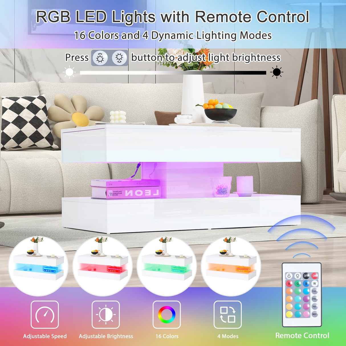 Verano Garden Modern High Gloss LED Coffee Table with Storage, 2-Tier Center Table with Open Display Shelf & 2 Sliding Drawers, Rectangle Coffee Tables for Living Room, Bedroom, White Verano Garden