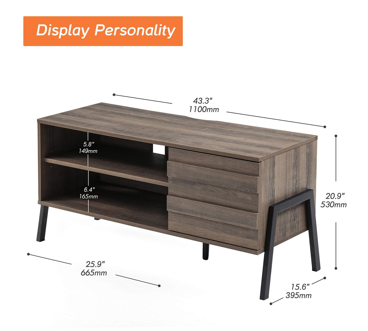 Mid-Century Modern TV Stand for 55 inch TV Entertainment Center Wood TV Table Media Console with Metal Legs for Living Room Bedroom, 43'' Rusitc Brown WAMPAT