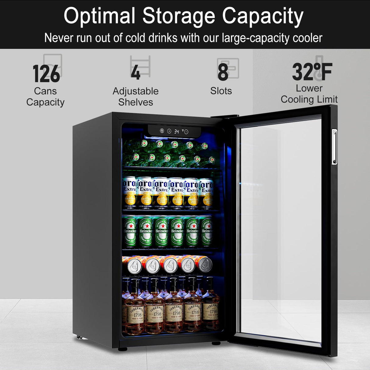 Feelfunn 3.2 Cu.Ft Mini Fridge with Glass Door - 126 Can Beverage Refrigerator Cooler for Drink Beer Wine Soda, Small Fridge for Bedroom Office Bar Dorm, 4 Adjustable Shelves, Black Feelfunn