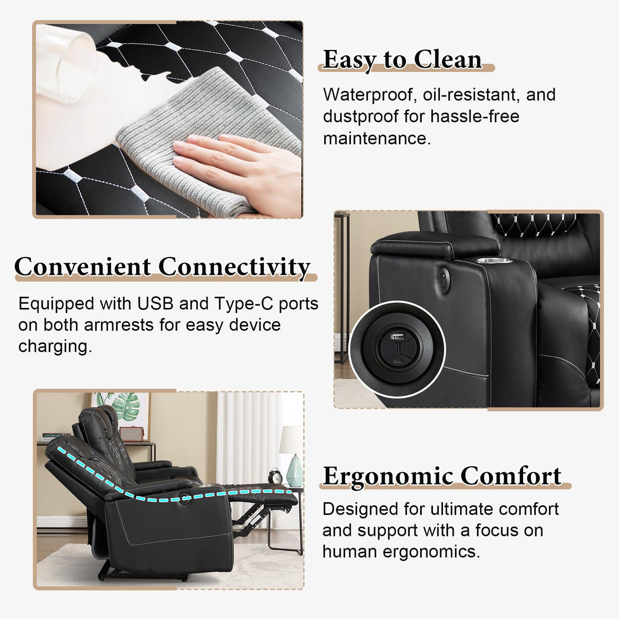 ANJ Recliner Sofa,Power Reclining Couch with USB Ports and Cup Holders - Overstuffed Electric Living Room Seating PU Leather Recliner Sofa Set with Hidden Arm Storage, Easy to Clean (Black) ANJ