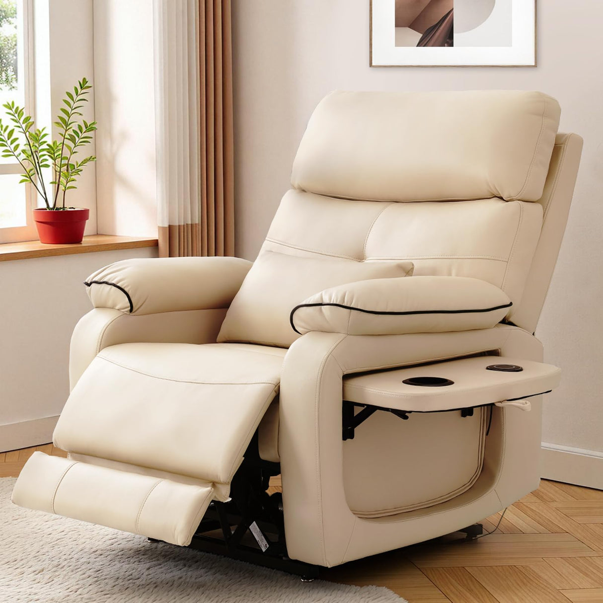 Dual Motor Power Lift Recliner Chair for Adult & Elderly, Infinite Position Lay Flat Lift Chair with Heat & Massage, Cup Holder, Lumbar Pillow, Wireless Charger, USB Ports, Leather (Beige) RESTREAL