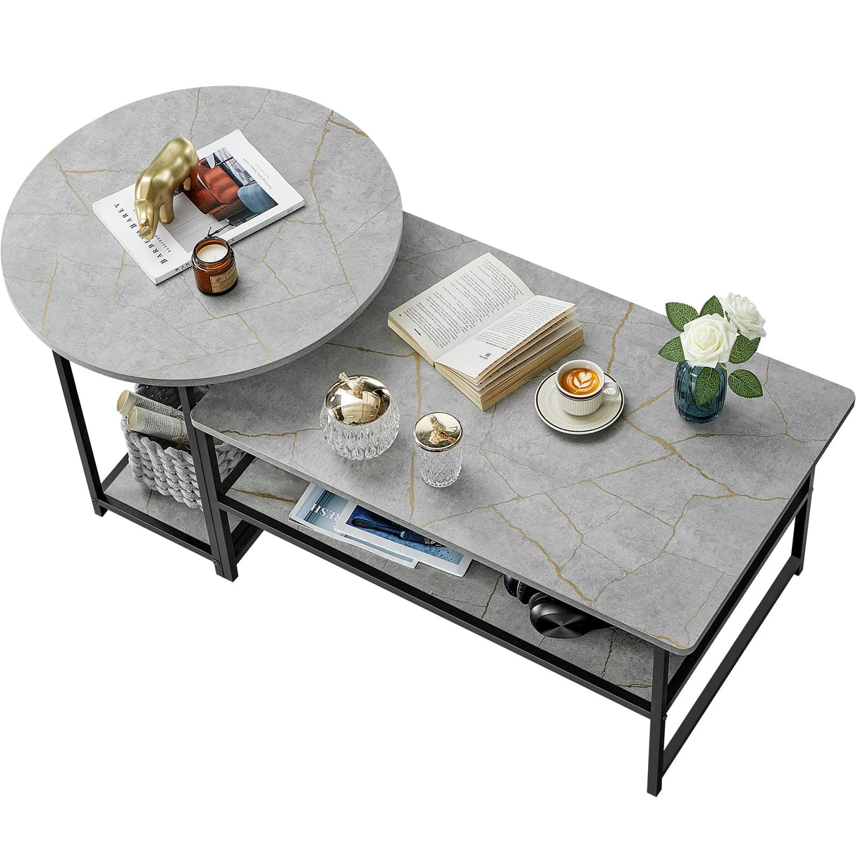 WOHOMO Coffee Table, Modern Style Coffee Tables for Living Room Marble Center Table with Storage 2 in 1Detachable Table Set,Grey Marble WOHOMO