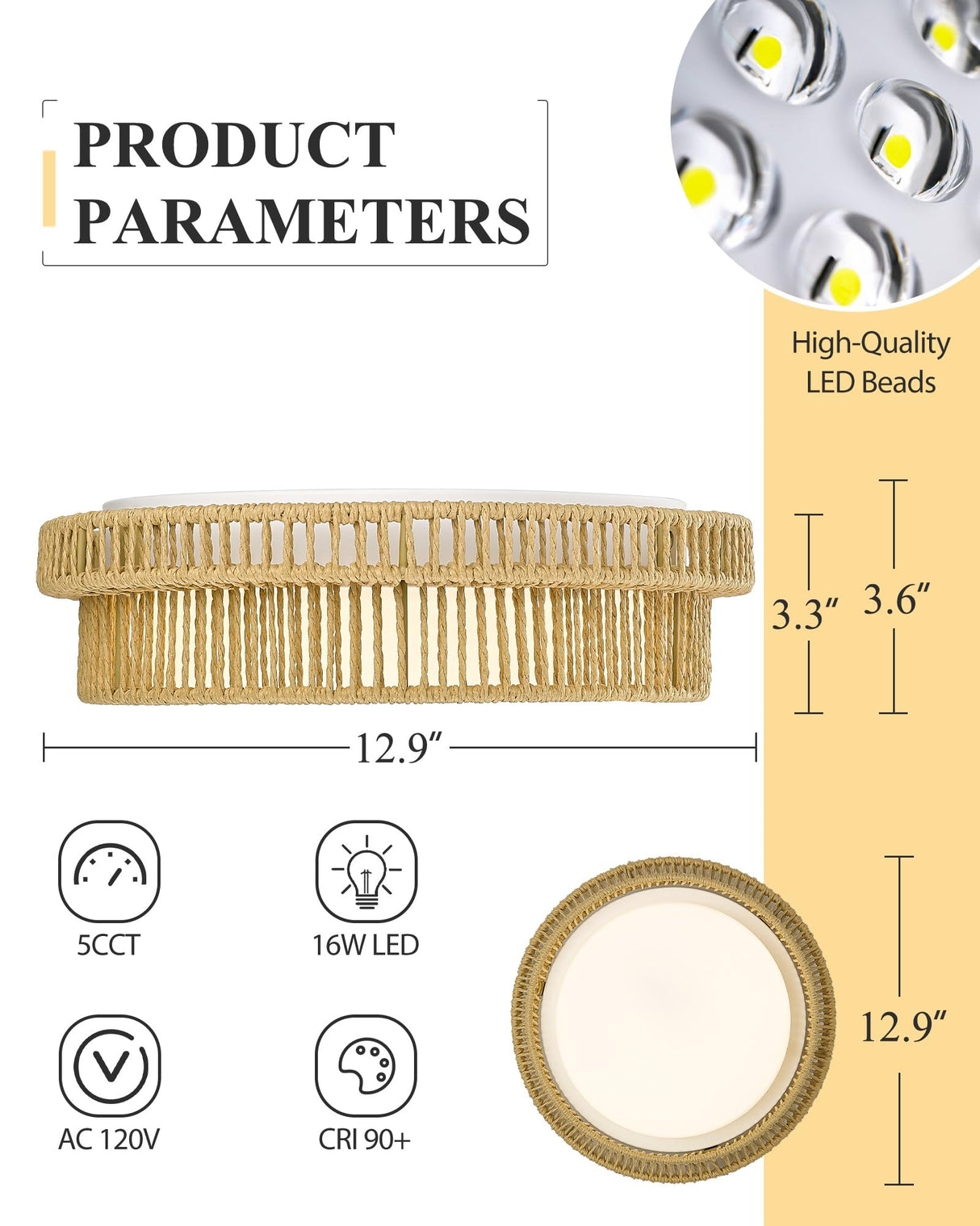 Boho Light Fixtures Ceiling 16W LED, HWH 13'' Woven Rattan Flush Mount Ceiling Light, Handwoven Twine Cage Light Fixtures Ceiling Mount 5CCT, 5HYS78F-LED HWH INVESTMENT