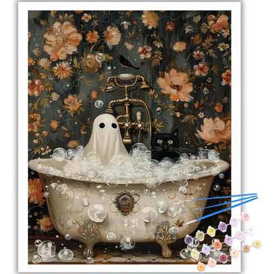 Halloween Paint by Numbers Kit for Adults Beginner-Funny Bathing Ghost and Black Cat Adult Paint by Number Kits on Canvas,Retro Horror DIY Acrylic Painting by Numbers for Gift Home Decor(16x20inch)