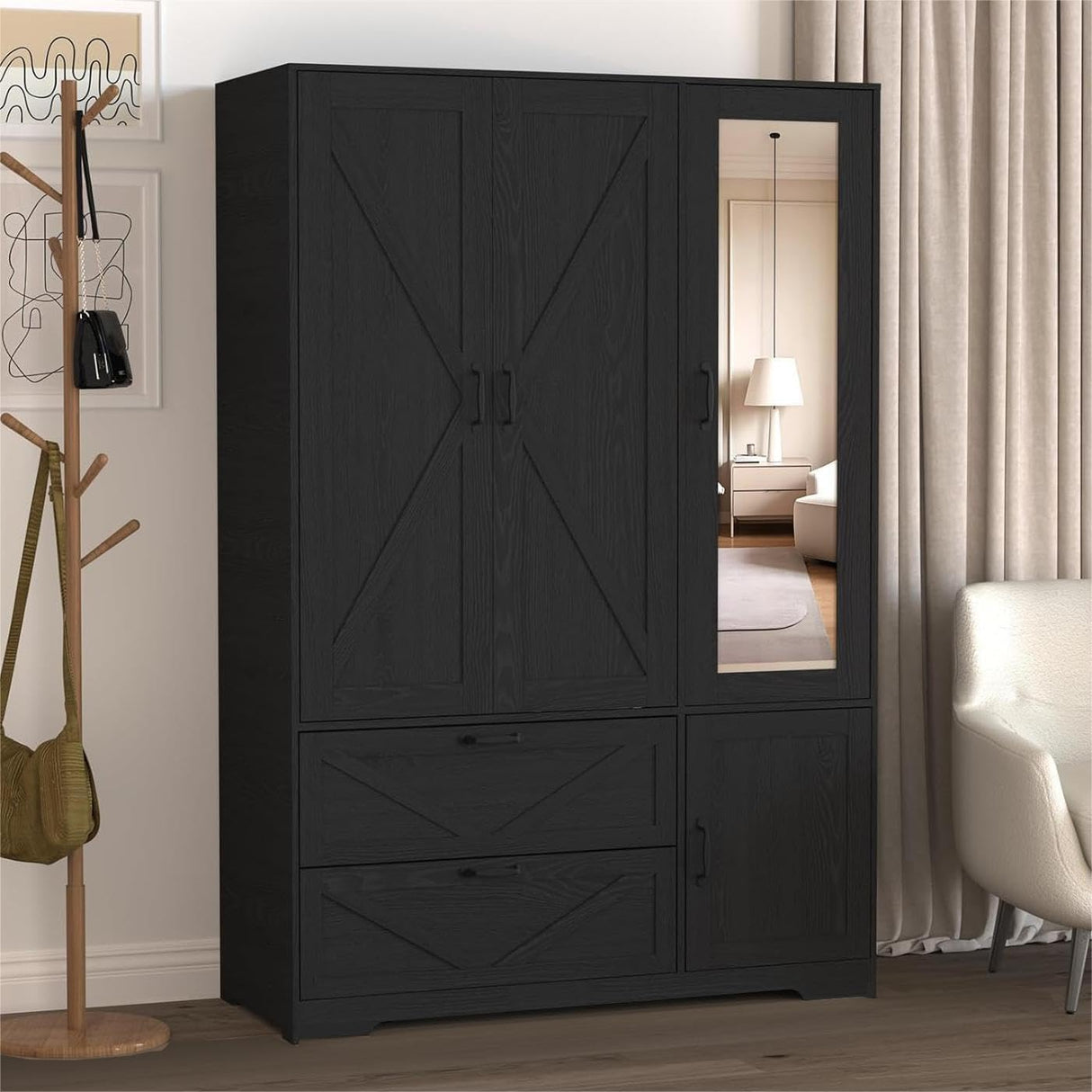 UZUGUL Armoire Wardrobe Closet with Mirror and 2 Drawers, 72''H Bedroom Armoire Wardrobe Cabinet with Hanging Rod and Light,Wooden Bedroom Closet with Adjustable Shelf UZUGUL