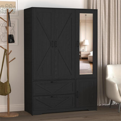 UZUGUL Armoire Wardrobe Closet with Mirror and 2 Drawers, 72''H Bedroom Armoire Wardrobe Cabinet with Hanging Rod and Light,Wooden Bedroom Closet with Adjustable Shelf