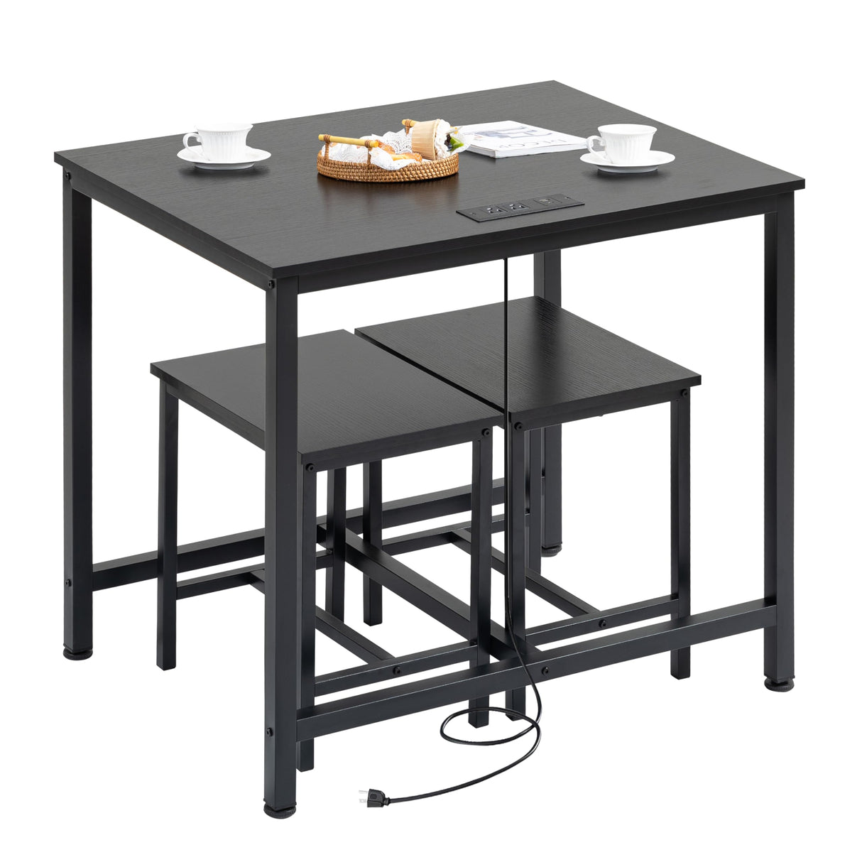 Finnhomy 3-Piece Dining Table Set, Small Kitchen Table with 2 Chairs, LED Light and USB Type-C Power Outlet, Space-Saving Design for Dining Room, Living Room, Apartment, Rustic Black Finnhomy