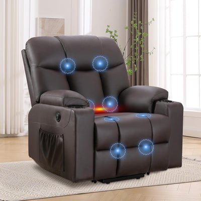 ANJ Brown Power Lift Recliner Chair for Elderly with Heat & Massage, Faux Leather Electric Recliner Sofa with Cup Holders, USB Port & Side Pockets, Heavy Duty Reclining Chair for Seniors