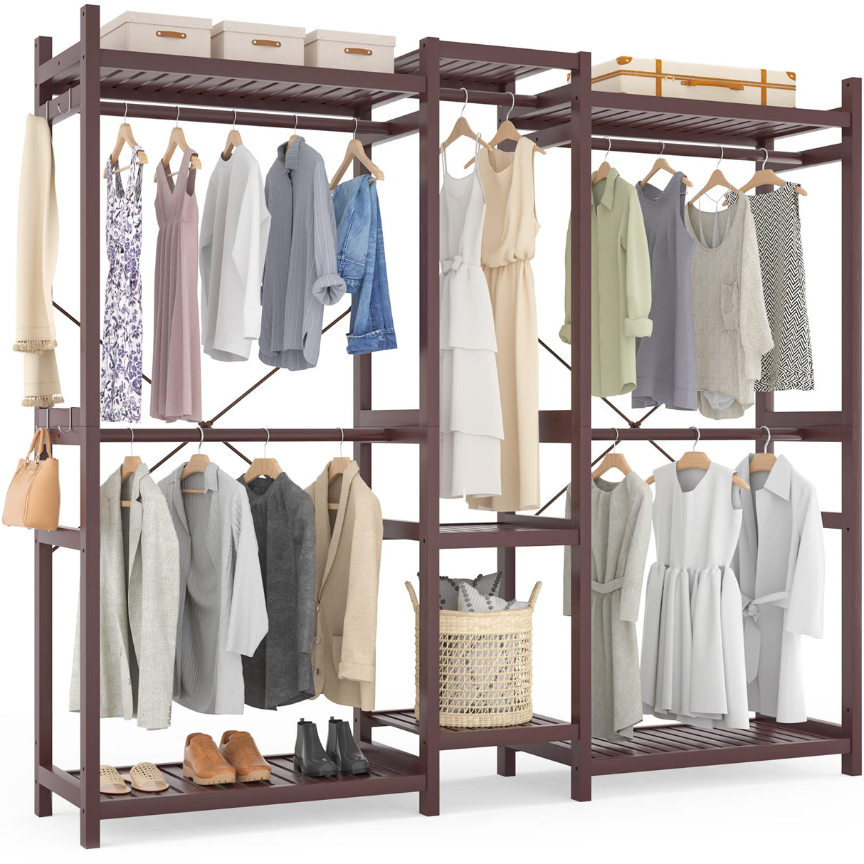 Homykic Bamboo Closet System Clothes Rack, Large Freestanding Garment Rack Clothing Rack for Hanging Clothes with 7 Storage Shelves and 5 Rods, Open Wardrobe Organizer with 4 Hooks, Espresso Homykic