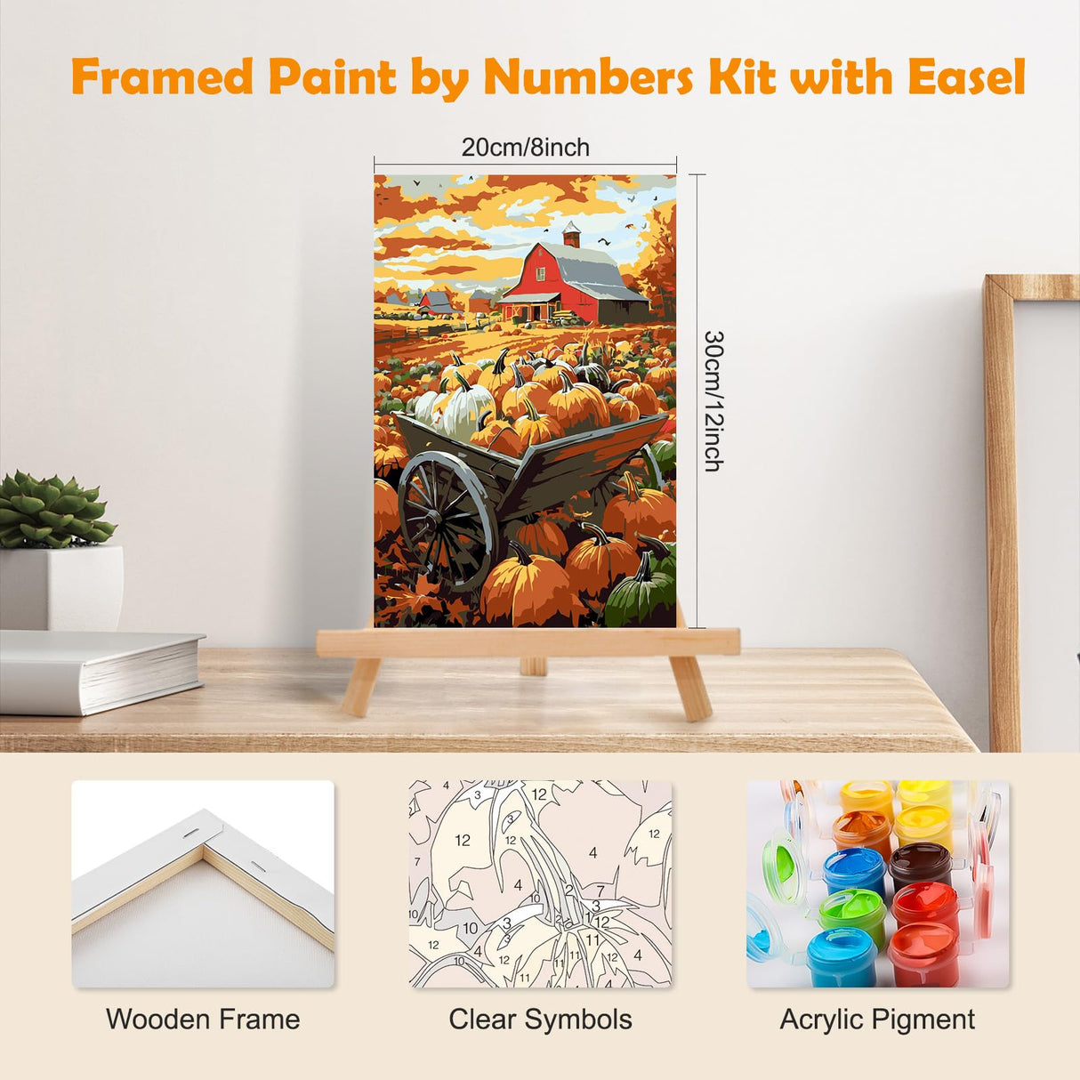 MOGTAA Fall Pumpkin Paint by Numbers Kit for Adults Beginners with Frame, Autumn Farm Adult Paint by Number Kits on Canvas with Easel, Easy DIY Oil Painting Kits for Home Decor, 8x12in MOGTAA