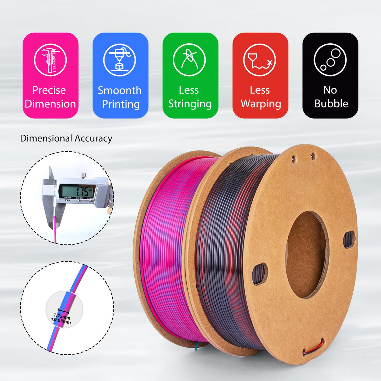 3Dgenius 3D Printer Filament Bundle Silk PLA Filament 1.75mm 3D Printing Filament Pack Silk PLA 3D Printer Filament Fit Most FDM Printers, 250g X 2 Spools, Rose Red Sky Blue Green, Red Black 3Dgenius