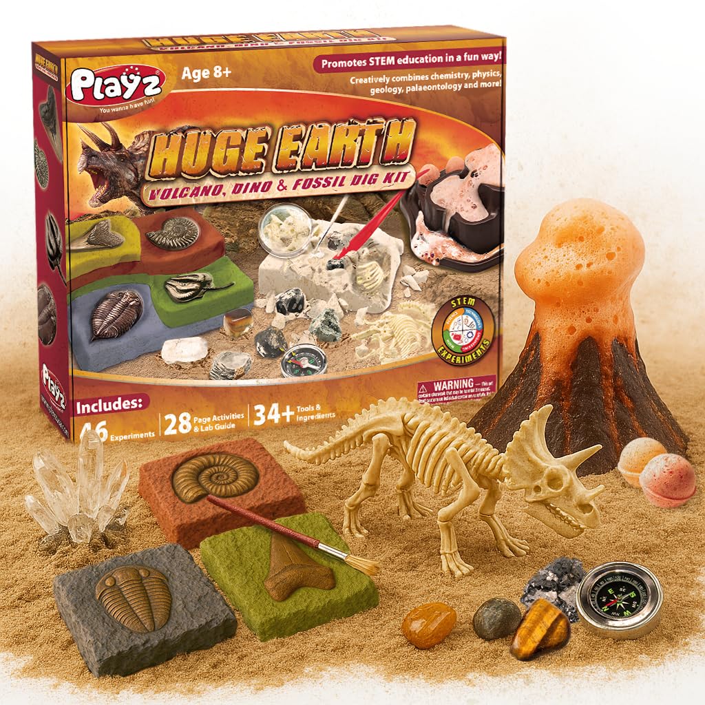 Playz Fossil Digging Kit for Kids Ages 6-12 – Dinosaur Fossil Excavation Tools, Paleontology Volcano Lab & Mining Activity Set Playz