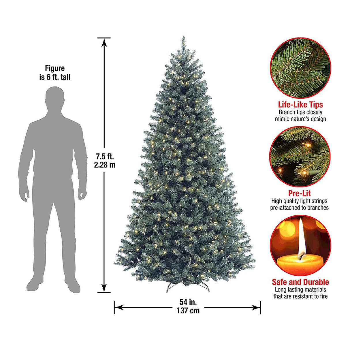 National Tree Company Pre-Lit Artificial Full Christmas Tree, Blue, North Valley Spruce, White Lights, Includes Stand, 7.5 Feet National Tree Company