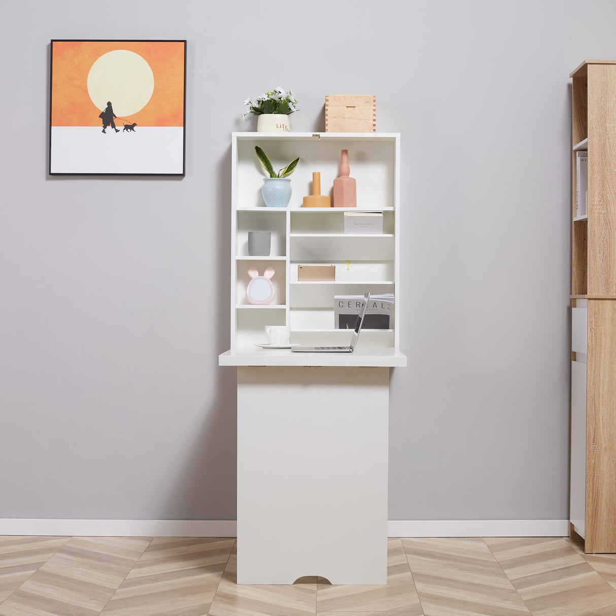 HOMCOM Wall Mounted Fold Out Convertible Desk, Multi-Function Floating Desk with Storage Shelf for Home Office, White HOMCOM