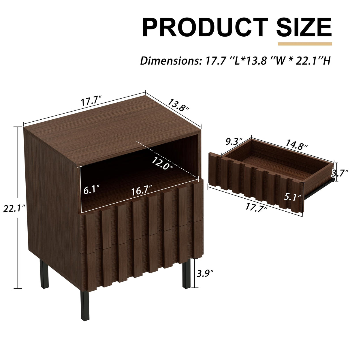 UEV Mid Century Modern Solid Wood Nightstand Set of 2,2 Drawers End Table with Storage Space,Accent Wooden Strip Design Bedside Table for Bedroom, Living Room (Brown, Set of 2) UEV