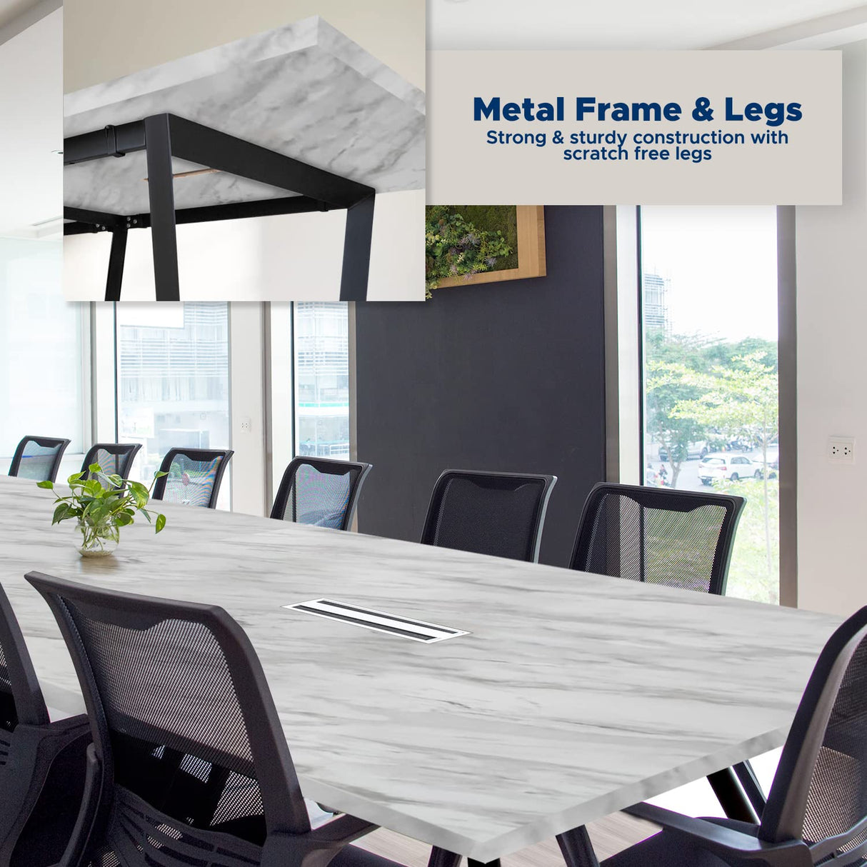 ahliss Sturdy Conference Table with Cable Management Grommets Modern Rectangle Office Meeting Table with Wood Tabletop and Metal Frame & Legs- Easy Assembly Boardroom Table (White Marble, 12 Foot) ahliss