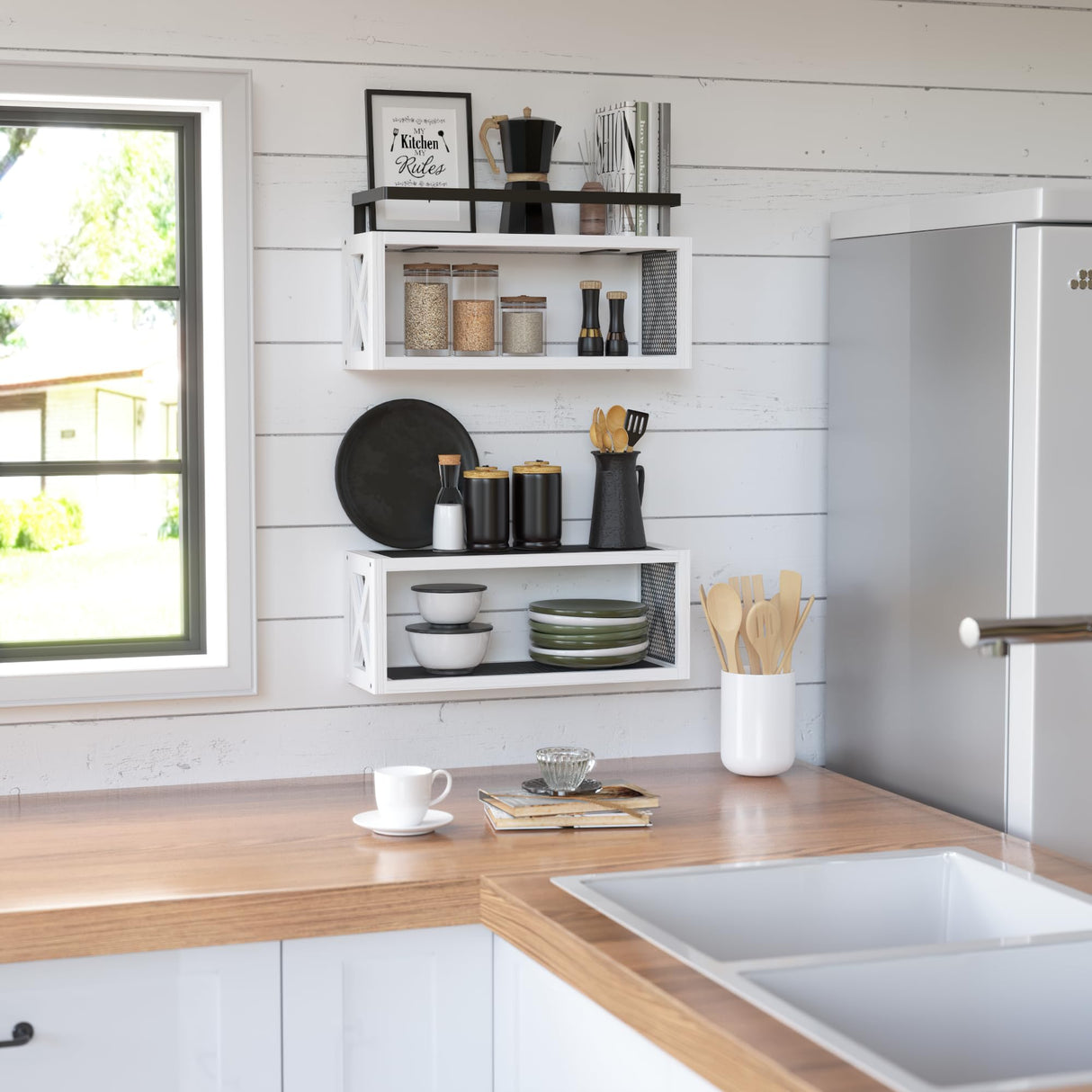 RICHER HOUSE Floating Shelves with Guardrail, Rustic Wood Shelves for Wall Décor, Farmhouse Bathroom Accessories Wall Mounted, Bathroom Wall Organizer over Toilet Storage, Kitchen, Living Room - White RICHER HOUSE