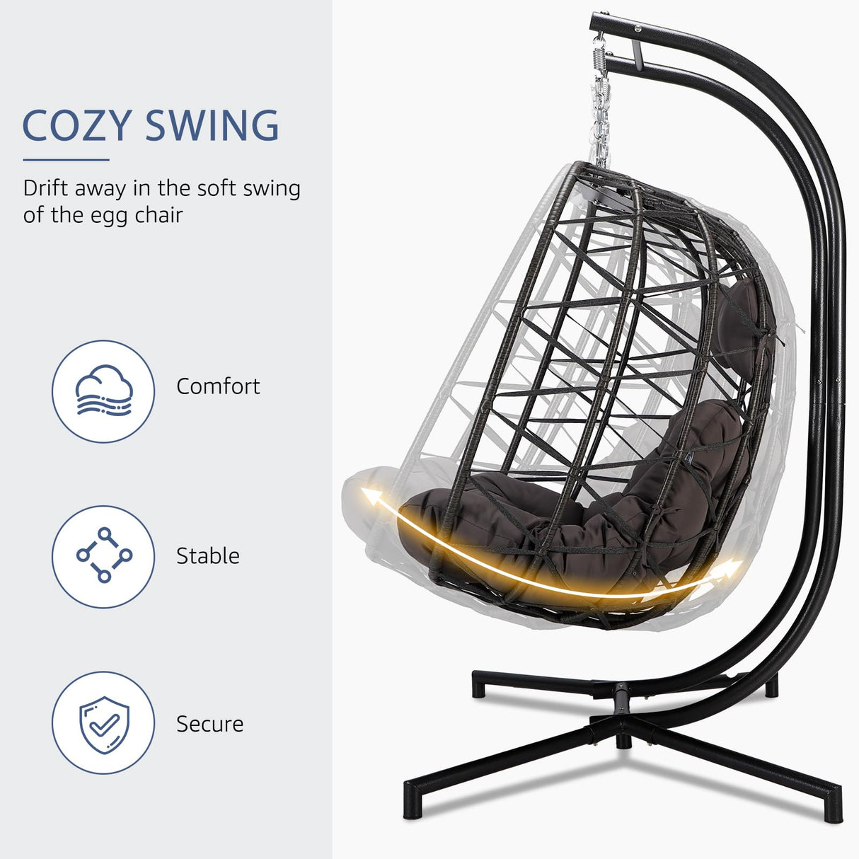 NICESOUL Double Egg Swing Chair with Stand, Oversized 2-Person Indoor Outdoor Hanging Hammock Chairs with Cushion, Wide and Large Comfy Loveseat, 700lbs Sturdy Porch Swings for Outside, Dark Gray NICESOUL