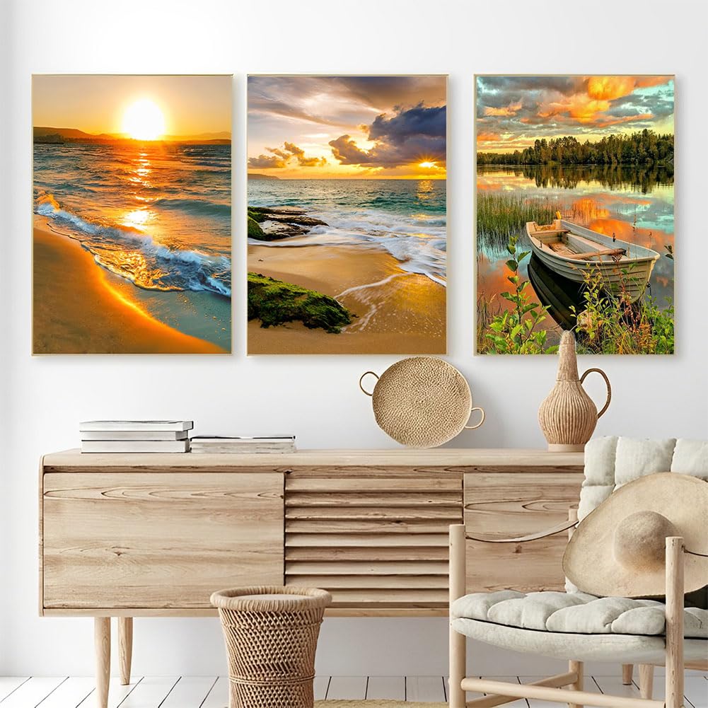 Diamond Painting Kits for Adults,3 Pack Sunset Ocean Diamond Art for Beginners, Diamond Round 5D Full Drill Paint with Diamonds Pictures Gem Art Painting Kits DIY Crafts Kits 12x16inch OFRKE