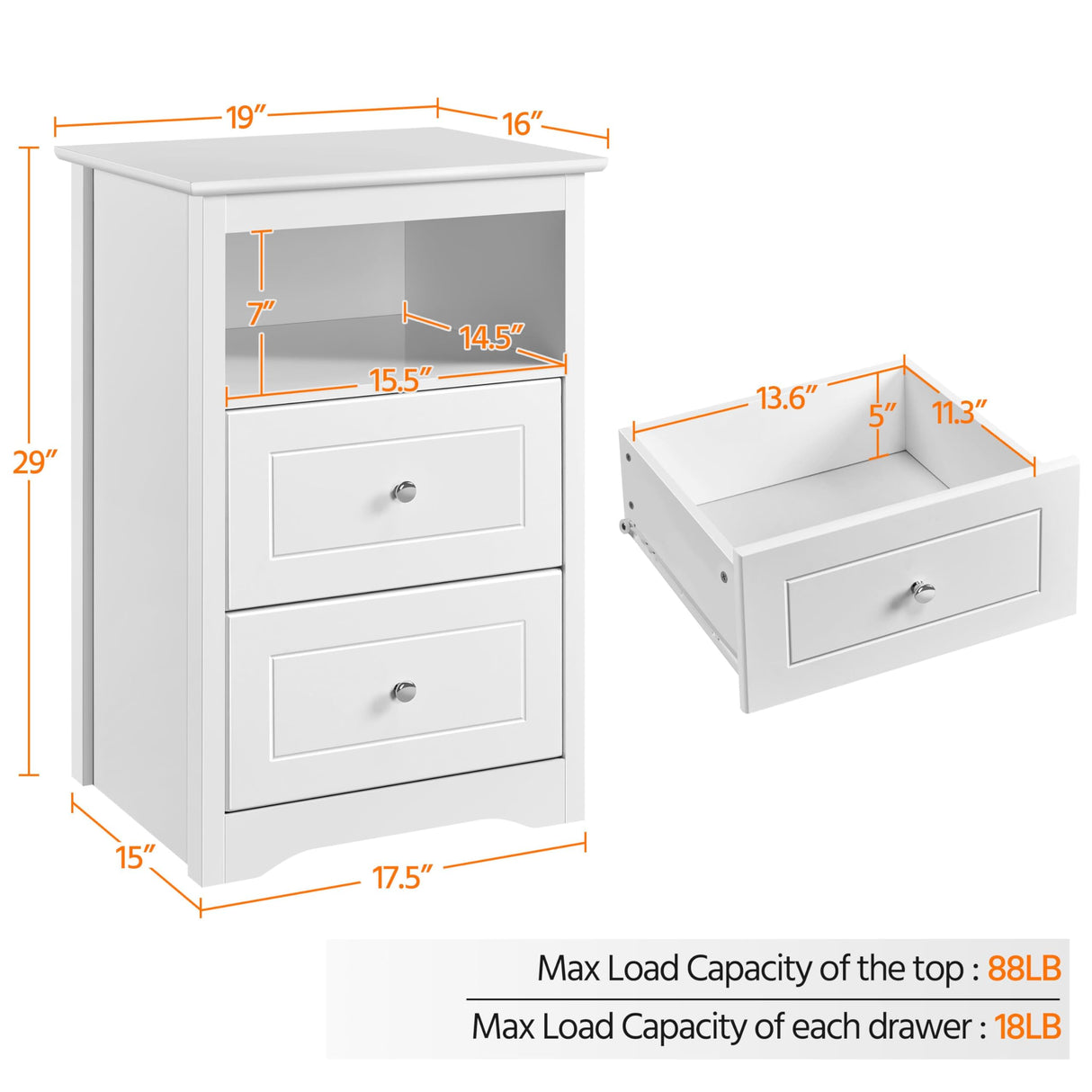 Yaheetech Bedside Table Set of 2, Tall Nightstand with 2 Drawer and Cubby, Wooden Bedside Table for Bedroom Small Space, Tall Bedside Cabinet Telephone Table, 16″ D × 19″ W × 29″ H, White Yaheetech