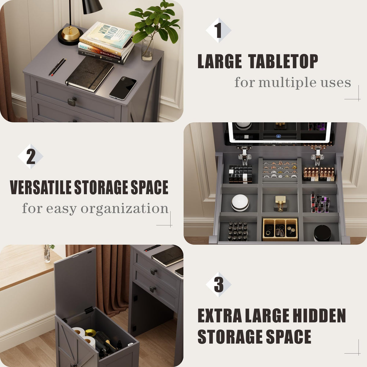 FREDEES Farmhouse 3 in 1 Vanity Desk with Mirror,Small Makeup Vanity Set with Soft Light, Space-Saving Makeup Vanity with Storage Compartment and Padded Stool,Dressing Table for Bedroom,Grey FREDEES