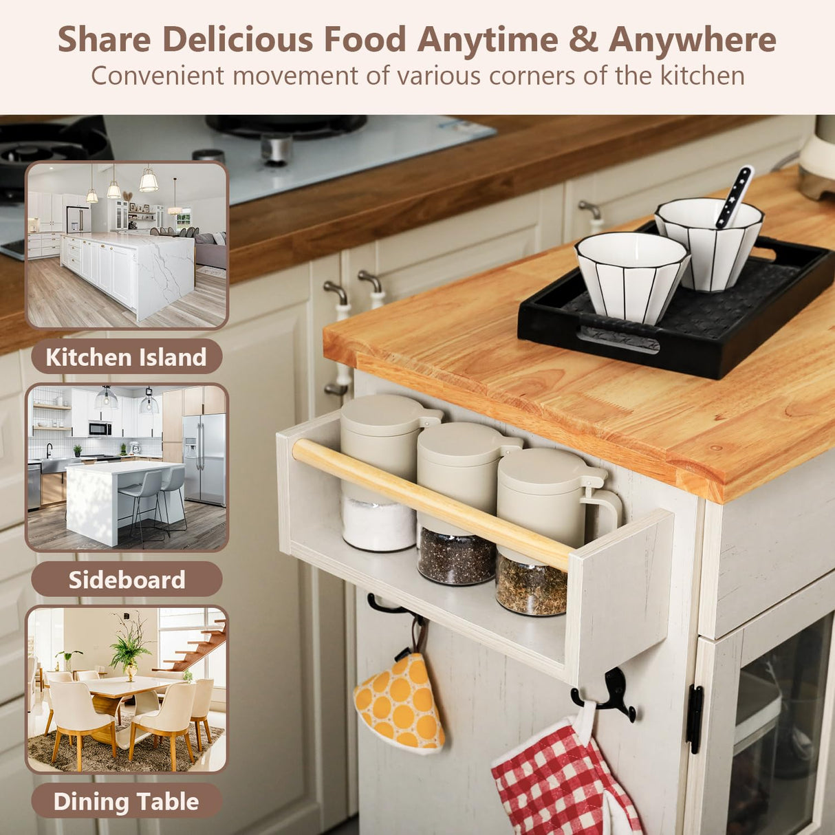 UNDUSLUY Rolling Kitchen Island with Storage on Wheels, 37.4" Island Table for Kitchen with 2 Drawers, Adjustable Shelves, Towel & Spice Racks, Solid Pine Top - Warm Beige UNDUSLUY