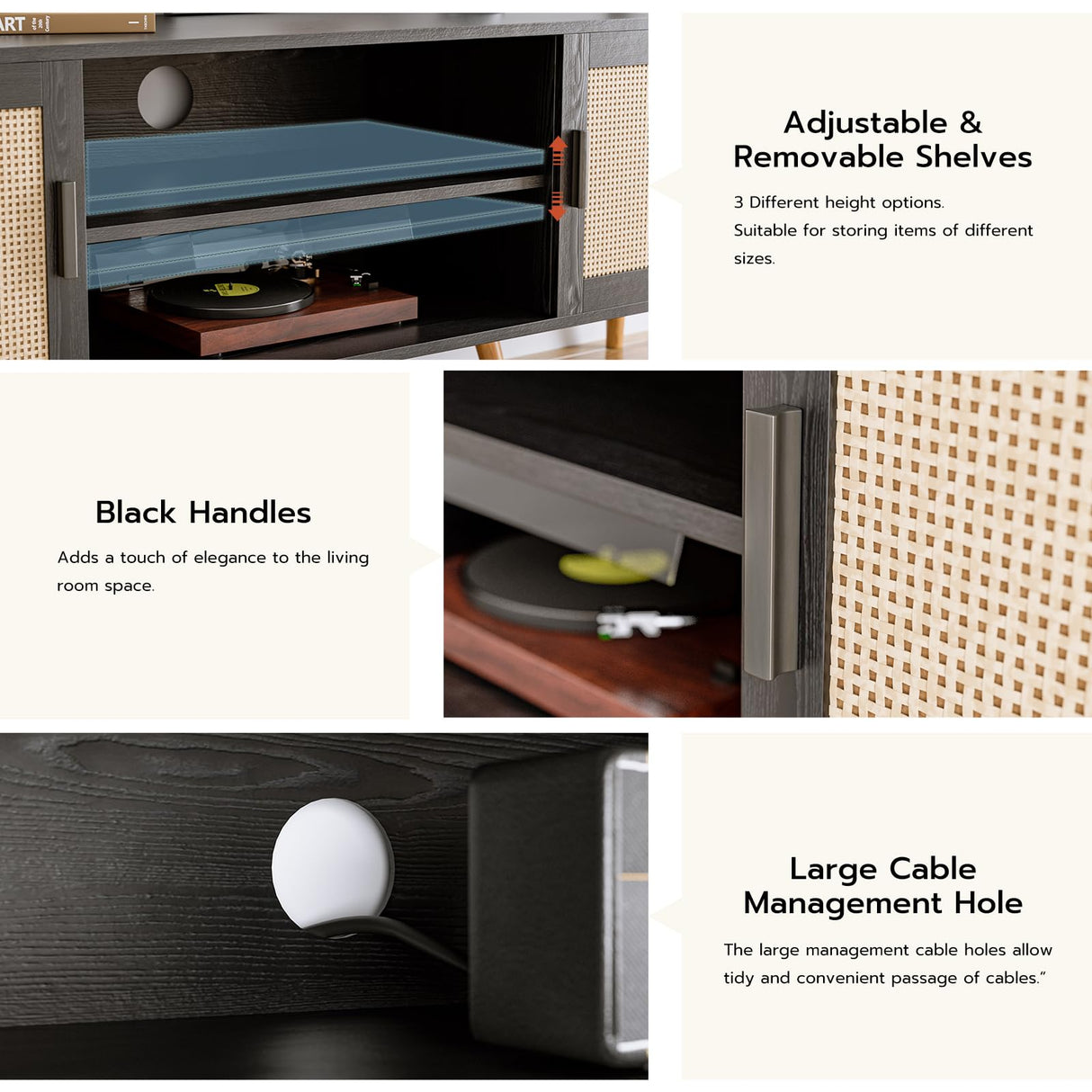 ZttRiee TV Stand for TVs up to 65'', Entertainment Center with Rattan Door, Shelves & 2 Cabinets, Boho Media TV Console for Living Room, Bedroom, Black ZttRiee