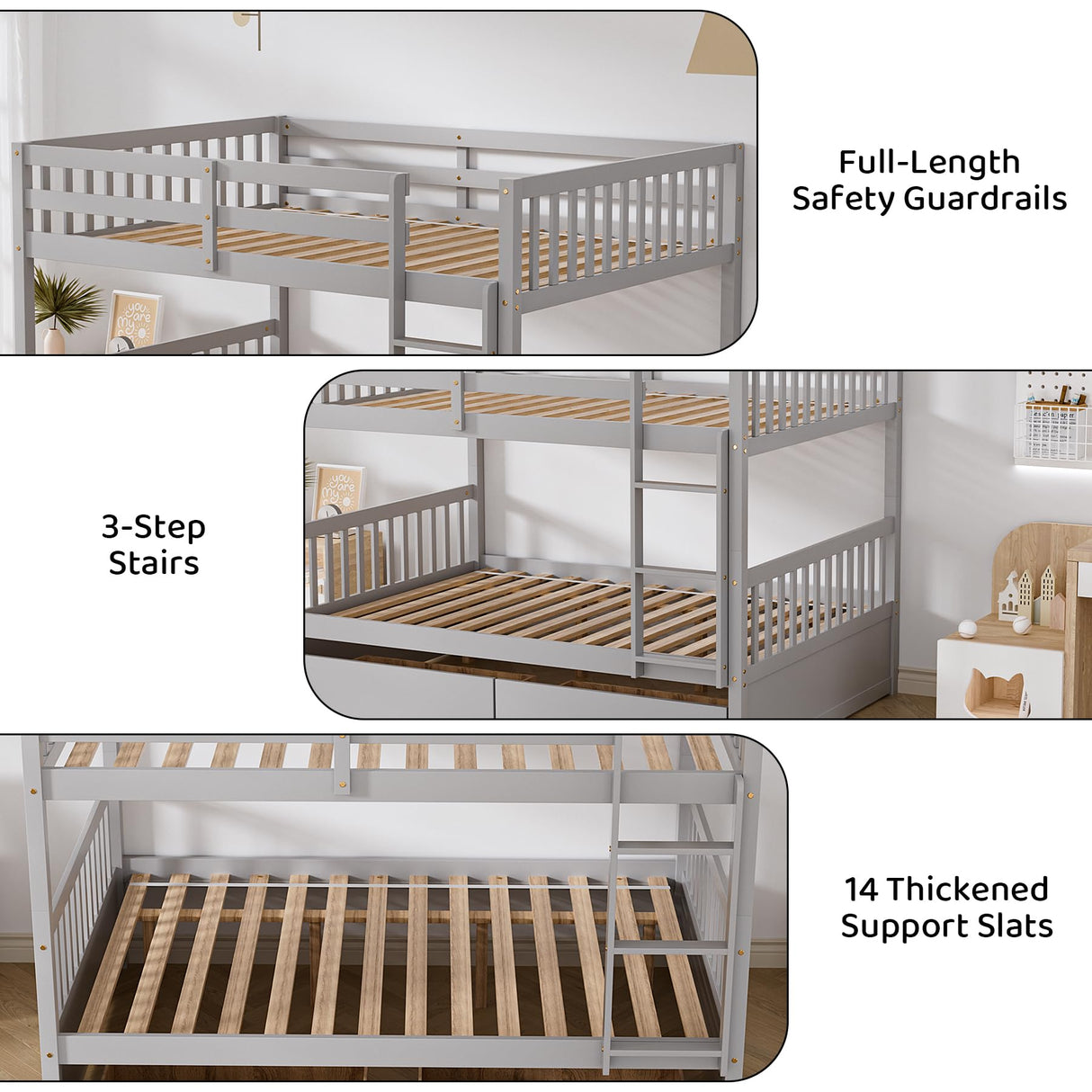 Rophefx Full Over Full Bunk Bed with Two Storage Drawers, Convertible Full Size Bunk Beds for Kids, Wooden Full Bunkbed Frame with Safety Rails and Ladders for Toddlers,Adult, Grey Rophefx