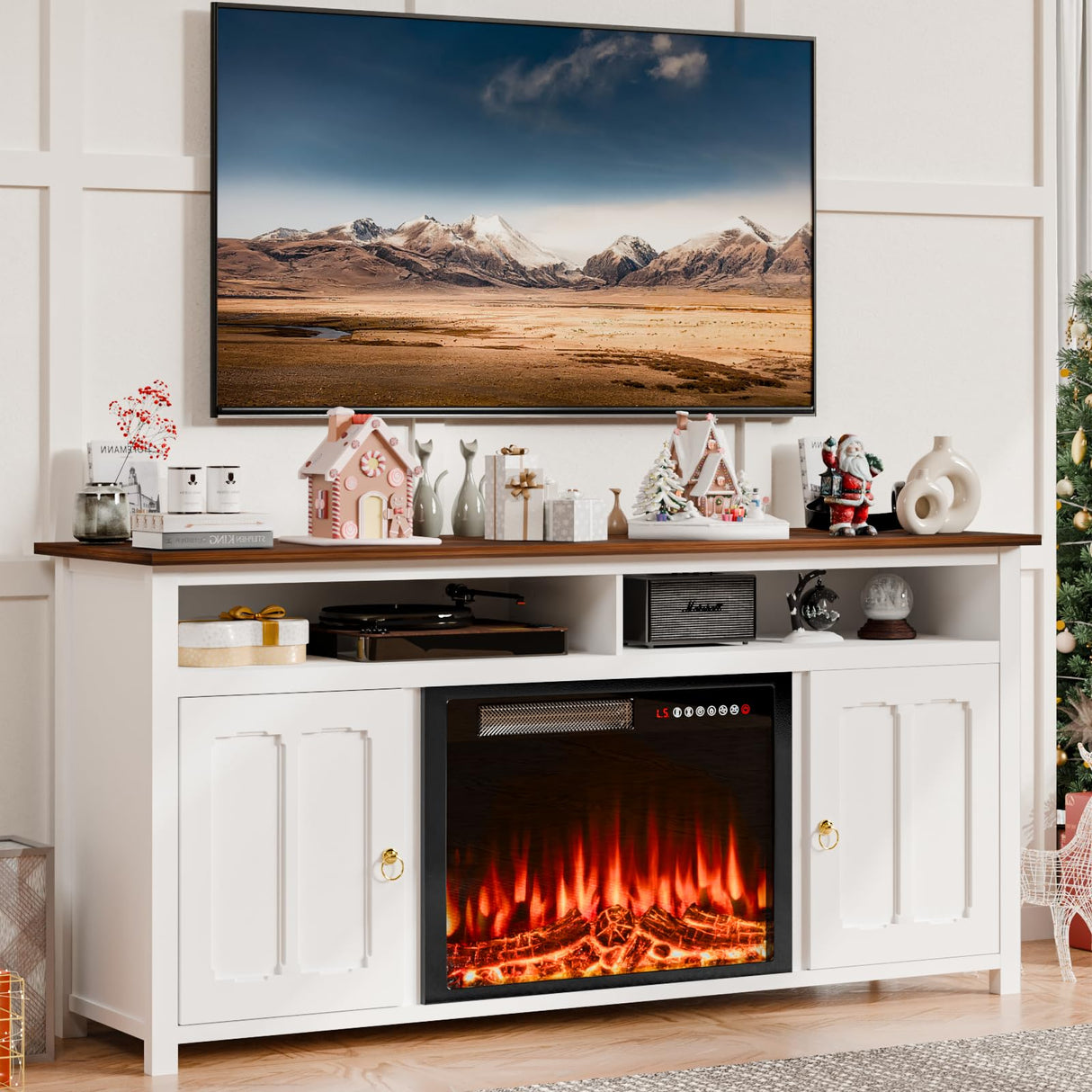 PUKAMI 58" Fireplace TV Stand with 23" Electric Fireplace Up to 65" TVs, 29" Tall Farmhouse Wood Entertainment Center with Open Storage Shelves with Cabinets, Media TV Console for Living Room (Brown) PUKAMI