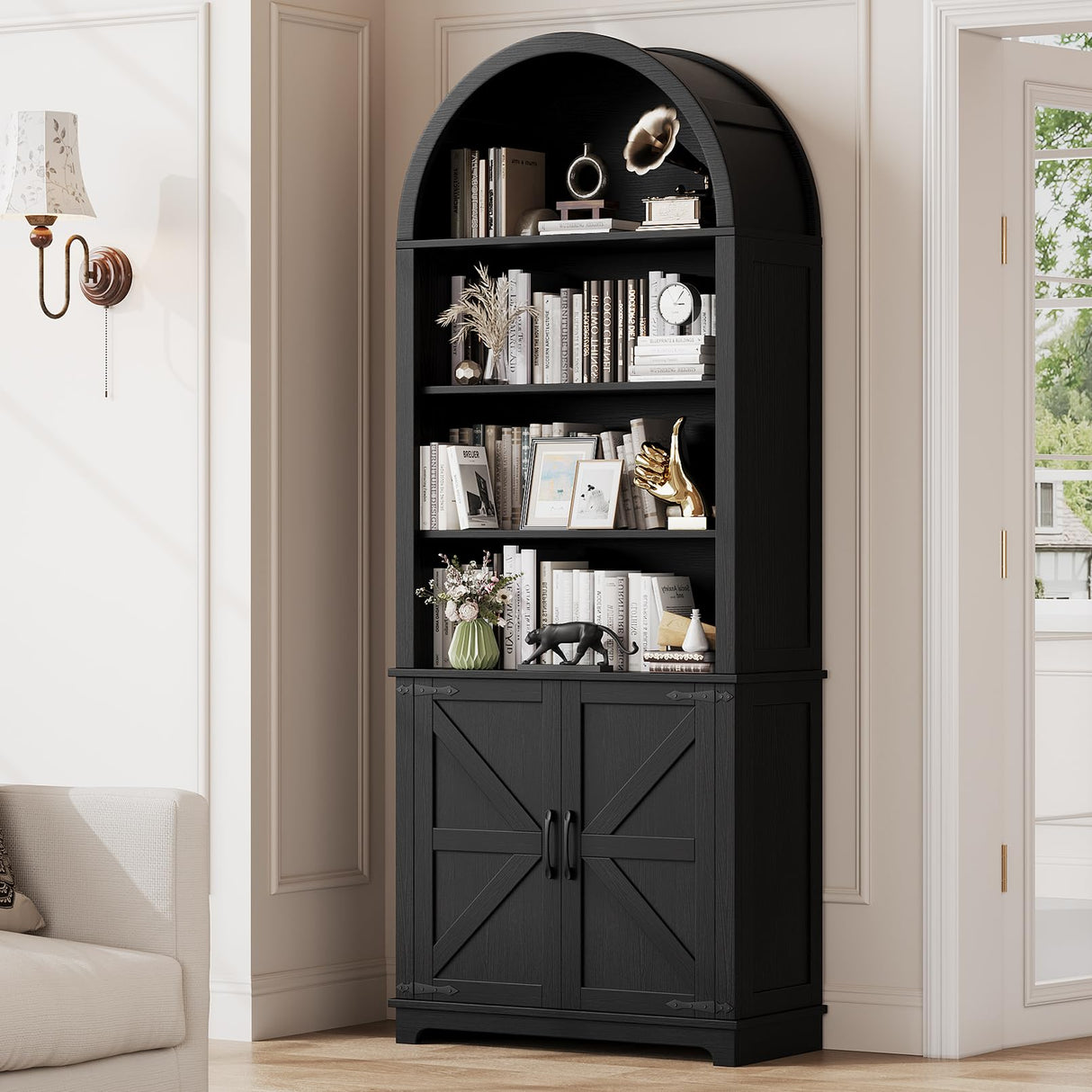 Vividwood 6-Tier Farmhouse Arched Bookshelf Bookcase with Doors, 70" Tall Storage Cabinet and Display Shelves, Open Shelves for Living Room or Office, Black Vividwood