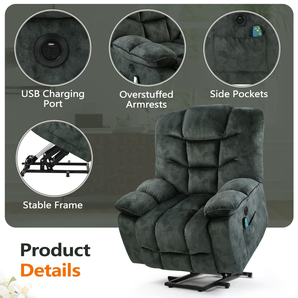 HAOMARKETS Oversized Power Lift Recliner Chair with Massage and Heat for Elderly, Soft Fabric Electric Lifting Recliners with Side Pockets and USB Port for Living Room, Dark Green HAOMARKETS