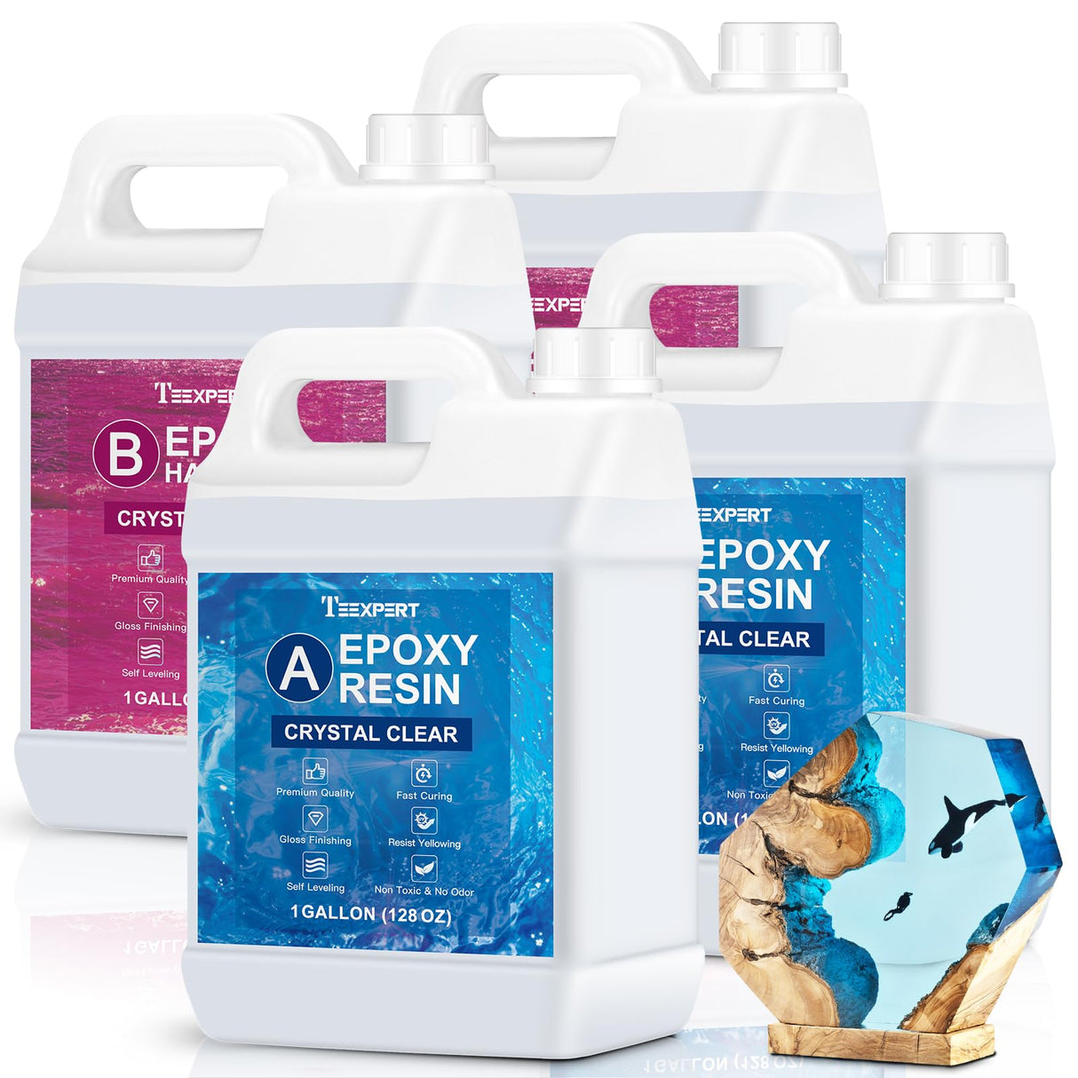 Teexpert Crystal Clear Epoxy Resin Kit 4 Gallon Self-Leveling Coating and Casting Resin, High-Gloss & Bubbles Free Resin and Hardener Kit for DIY Art, Jewelry, Table Top, Molds, Wood 1:1 Ratio Teexpert