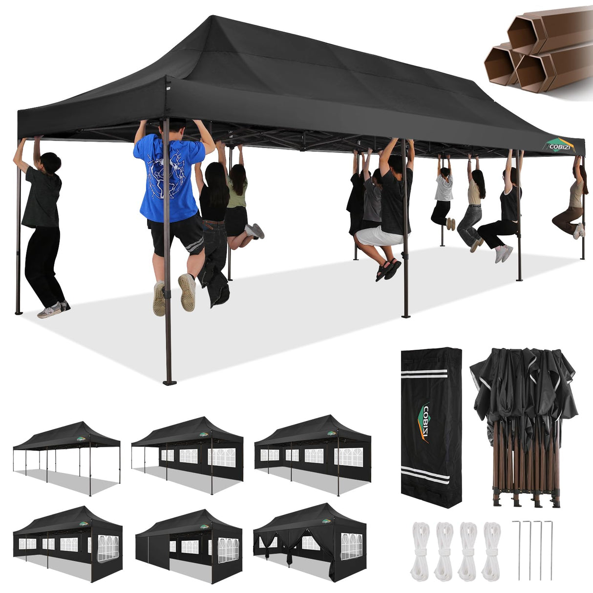 COBIZI 10x30 Pop Up Canopy Tent Heavy Duty with 8 Removable Sidewalls, Commercial Portable Tents for Parties Ez Up Canopy All-Weather Windproof & Waterproof and UPF 80+ Wedding Tent Sun Shelter COBIZI