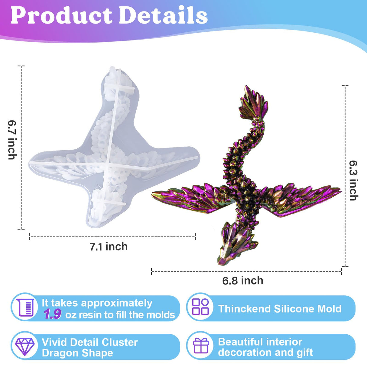 LET'S RESIN Gemstone Resin Molds - Crystal Winged Dragon Silicone Molds for 3D Flying Dragon Toys, Home Decor & Gifts LET'S RESIN