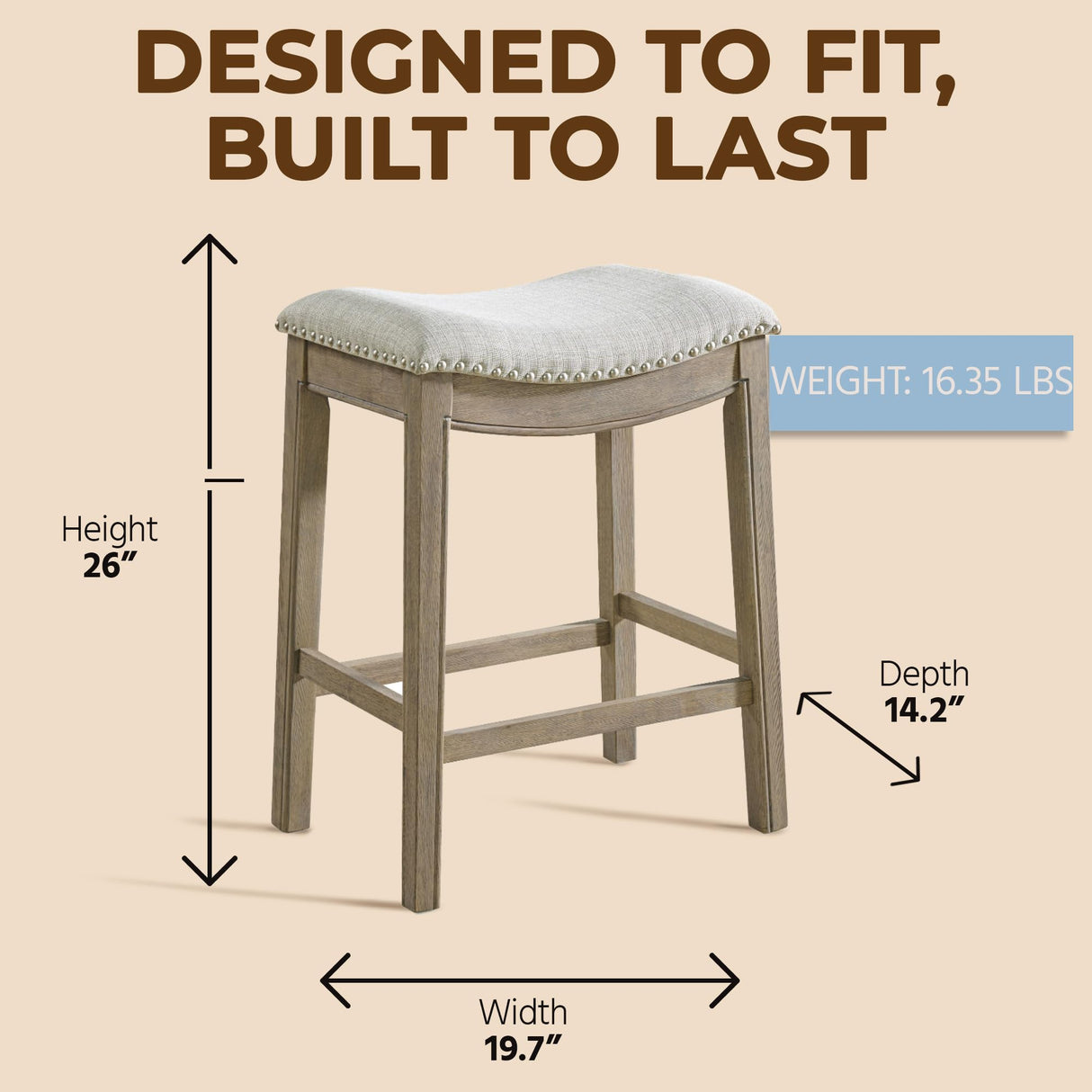 ROME + OAK Set of 2 Parker 26" Counter Stool, Backless Saddle Kitchen Barstool in Reclaimed Oak Finish with Ash Grey Fabric Upholstery Cushion Seat ROME + OAK