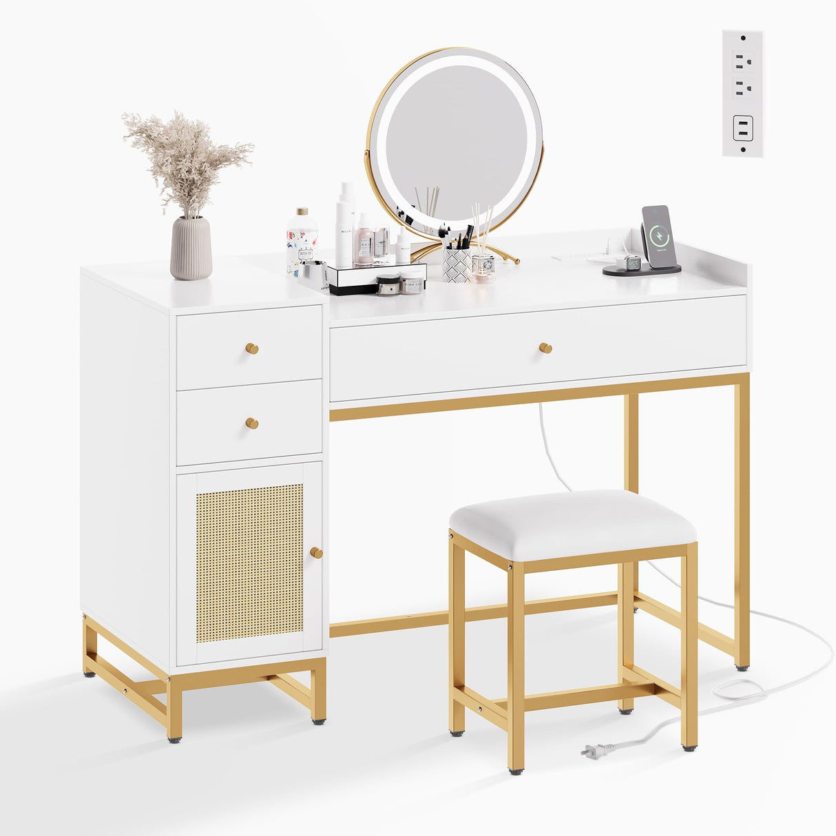 AWQM White Makeup Vanity Desk with Stools,Rattan Vanity Table Set with Power Outlet,Makeup Table Dressing Table with Drawers & Cabinet, Small Vanity Table for Bedroom with Storage,Without Mirror AWQM