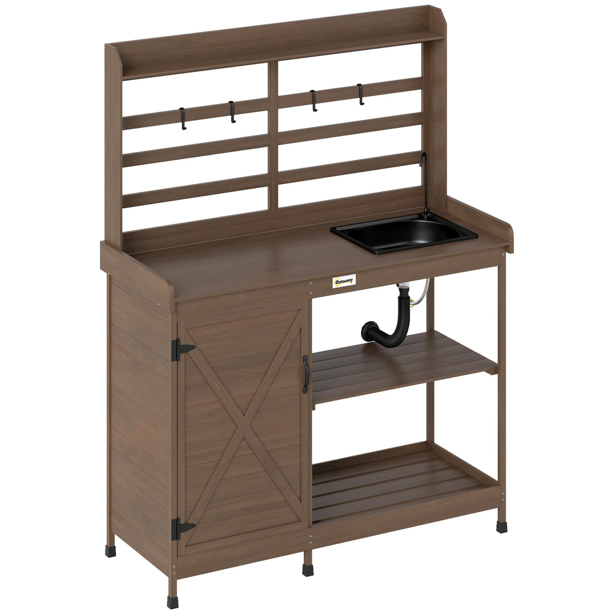 Outsunny Outdoor Wooden Potting Bench Table with Sink and Water Tap, Garden Workstation with Storage Cabinet, Storage Shelves for Backyard, Patio, Balcony, Dark Brown Outsunny