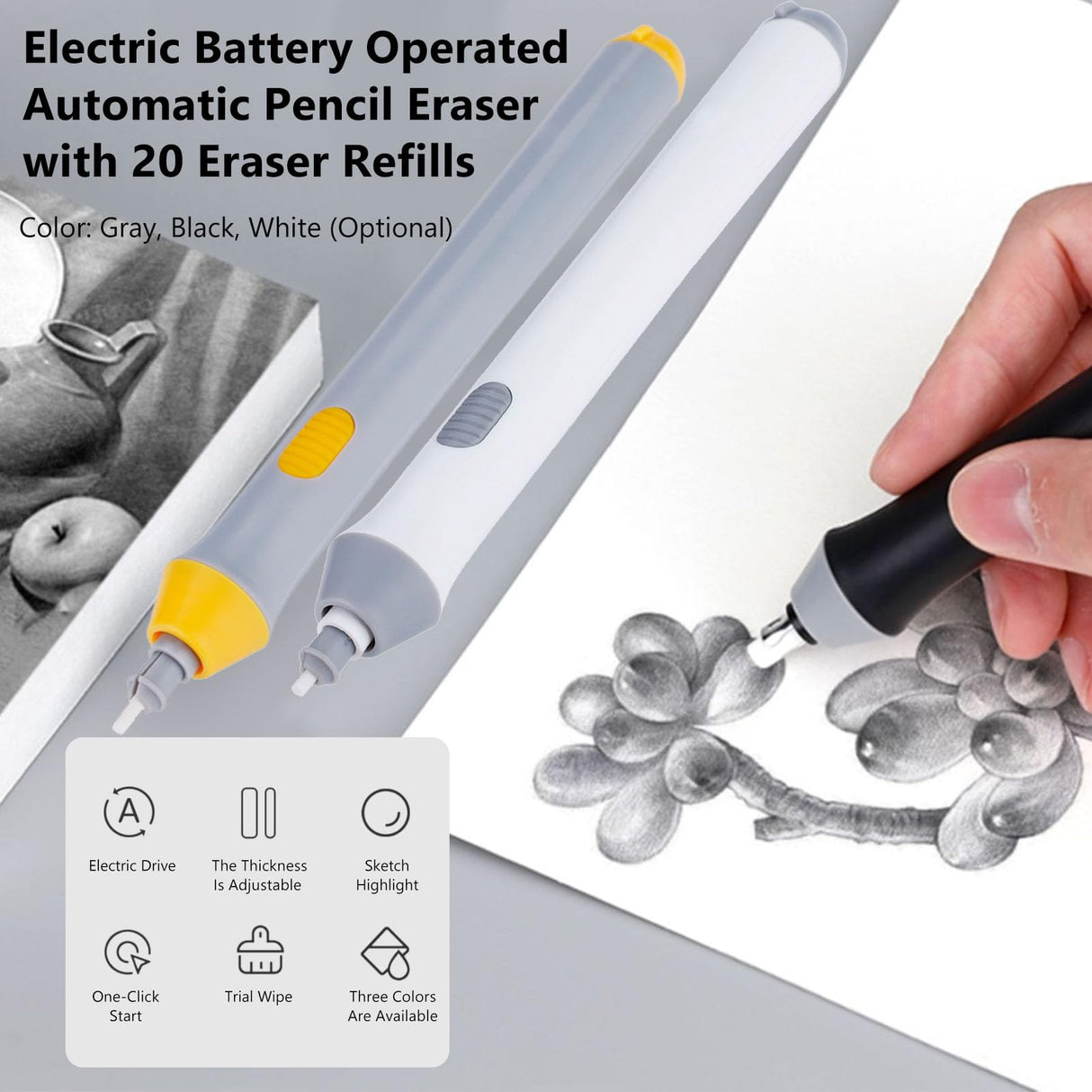 Electric Eraser Kit Automatic Pencil Eraser Battery Operated with 20 Eraser Refills Detailer Tool for Artists Sketching Pencils/Drafting Pencil/Graphite(Black) Walfront