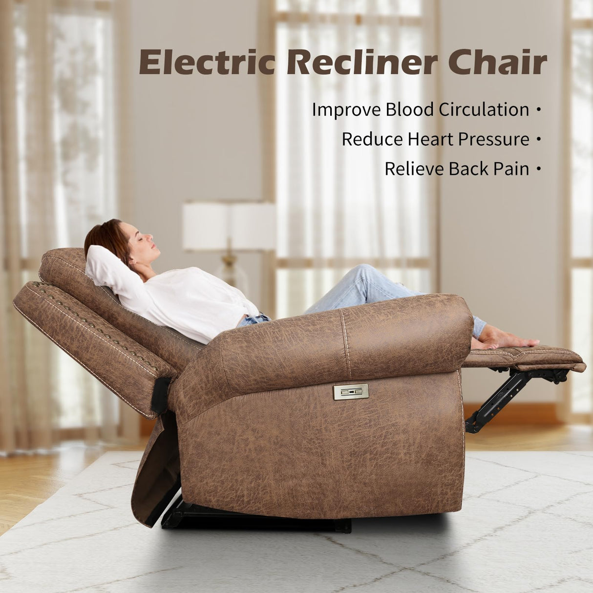 CANMOV Power Recliner Chair for Adults,Faux Leather Electric Reclining Chair with Overstuffed Arm and Back,Classic Power Recliner Single Sofa with Rivet Decoration, USB Port for Living Room,Nut Brown CANMOV