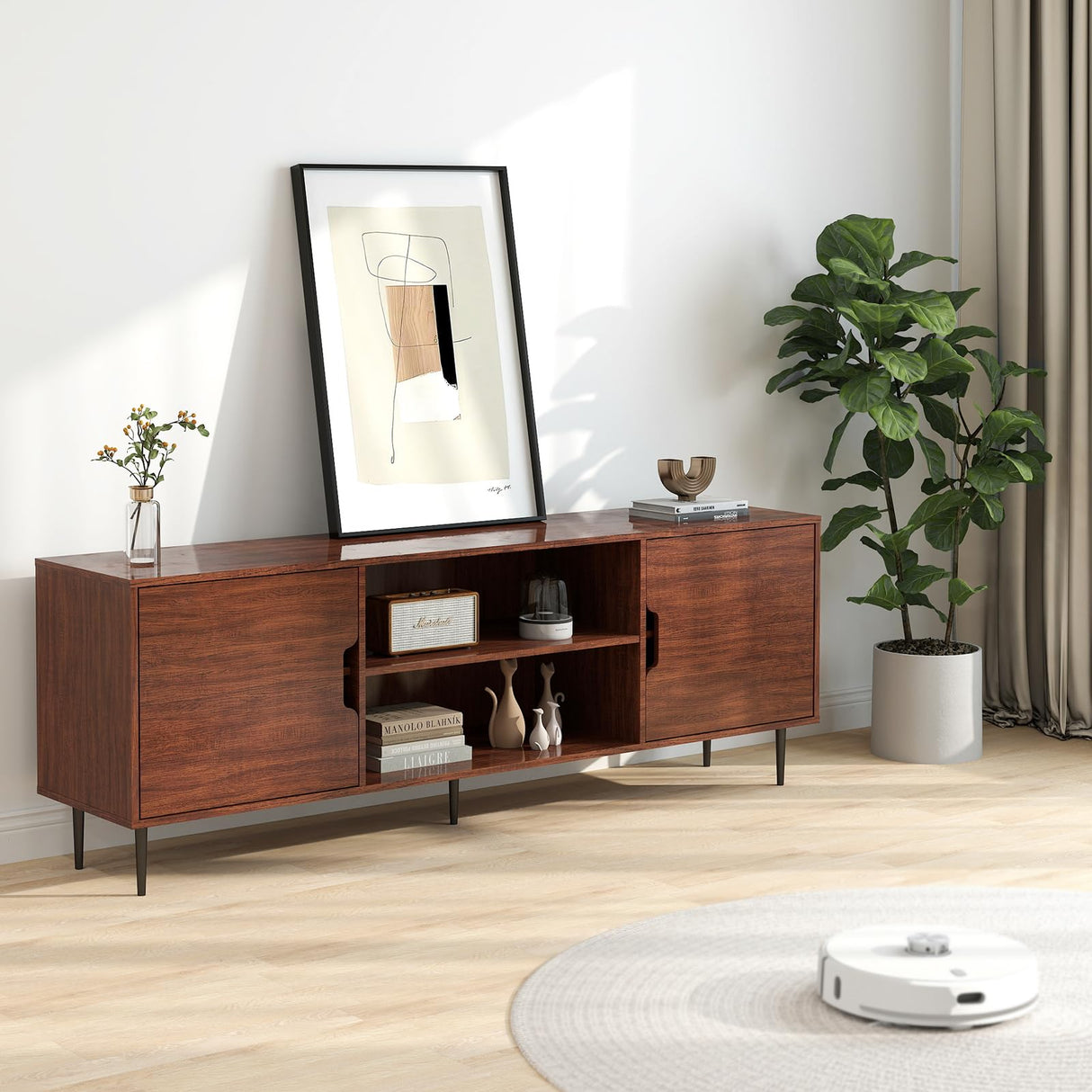 Redkey TV-Stand for Living Room - Mid Century Modern TV Stand with 3AC Outlets, Farmhouse Television Stands for 70 75 80 Inch TVs - Adjustable Shelf Height - Large Space Capacity - Reddish Brown Redkey