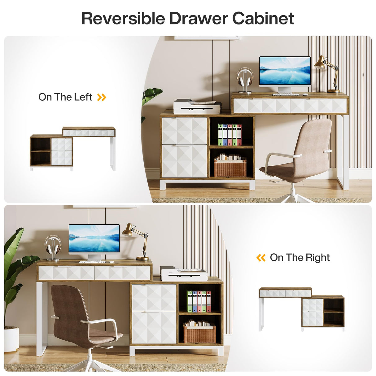 Tribesigns Computer Desk with File Drawer Cabinet, Reversible 4 Drawers Office Desk with Open Storage Shelves & Printer Space, Wood Study Writing Desk Workstation for Home Office, White Brown Tribesigns