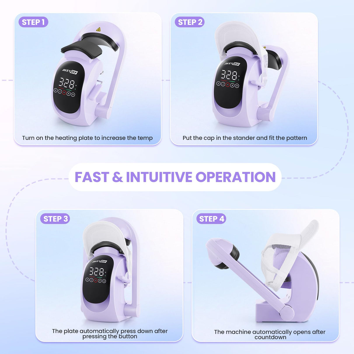 AKEYDIY Auto Hat Heat Press Machine for Caps, Automatic Release & Press, Automatic Hat Press, Heat Press Machine for Caps T-Shirts Bags, DIY Sublimation (Purple) AKEYDIY