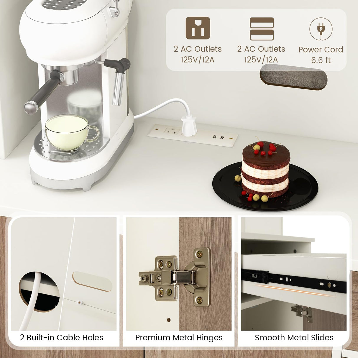 COSTWAY Kitchen Pantry Storage Cabinet, 71" Freestanding Tall Hutch Cabinet with Charging Station, Microwave Stand, Adjustable Shelves, Modern Buffet Cabinet with Hutch for Dining Room, Kitchen, White COSTWAY