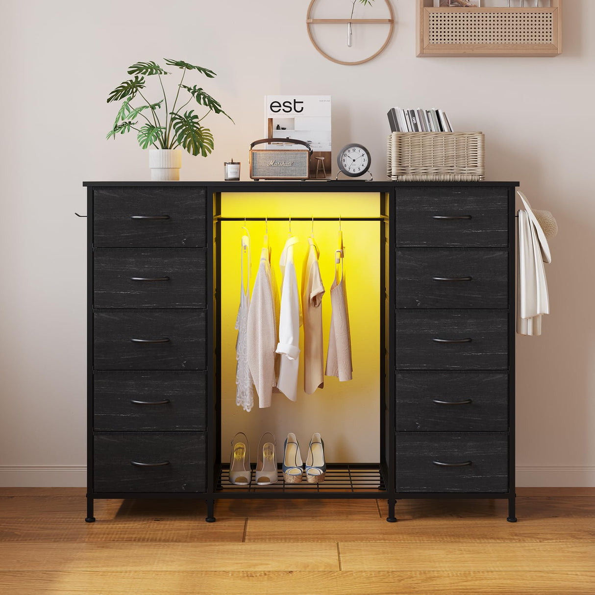 LUMTOK 55" W 2-in-1 Dresser with Hanging Rack, 10 Drawers Dresser for Bedroom,Dressers with Fabric Drawers,LED Lights, Charging Station and Hanging Racks for Bedroom LUMTOK