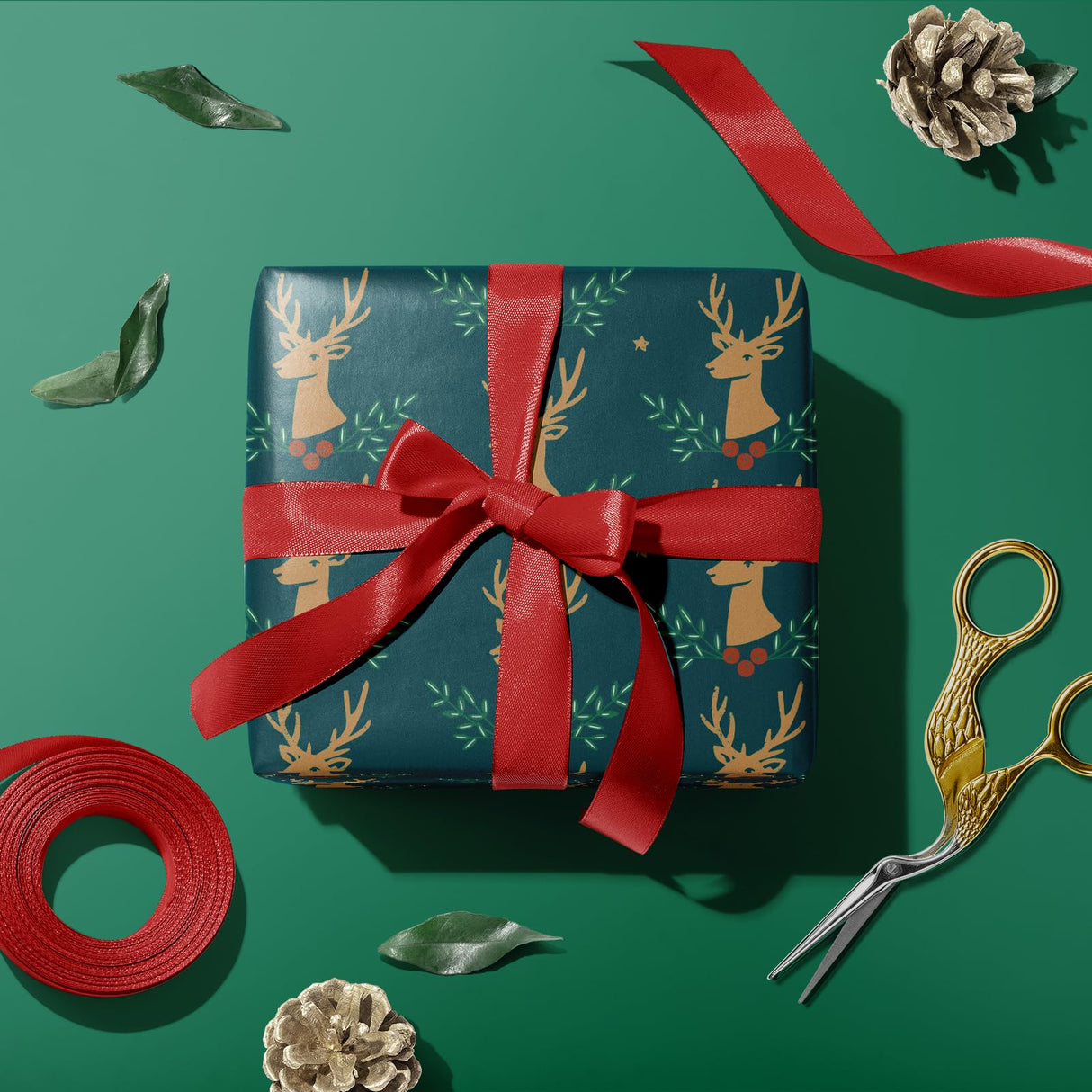 WRAPAHOLIC Christmas Wrapping Paper Roll - 17 Inch x 16.4 Feet per Roll - Dark Green Mini Roll, Reindeer Design Perfect for Christmas Holiday Gift Packing WRAPAHOLIC